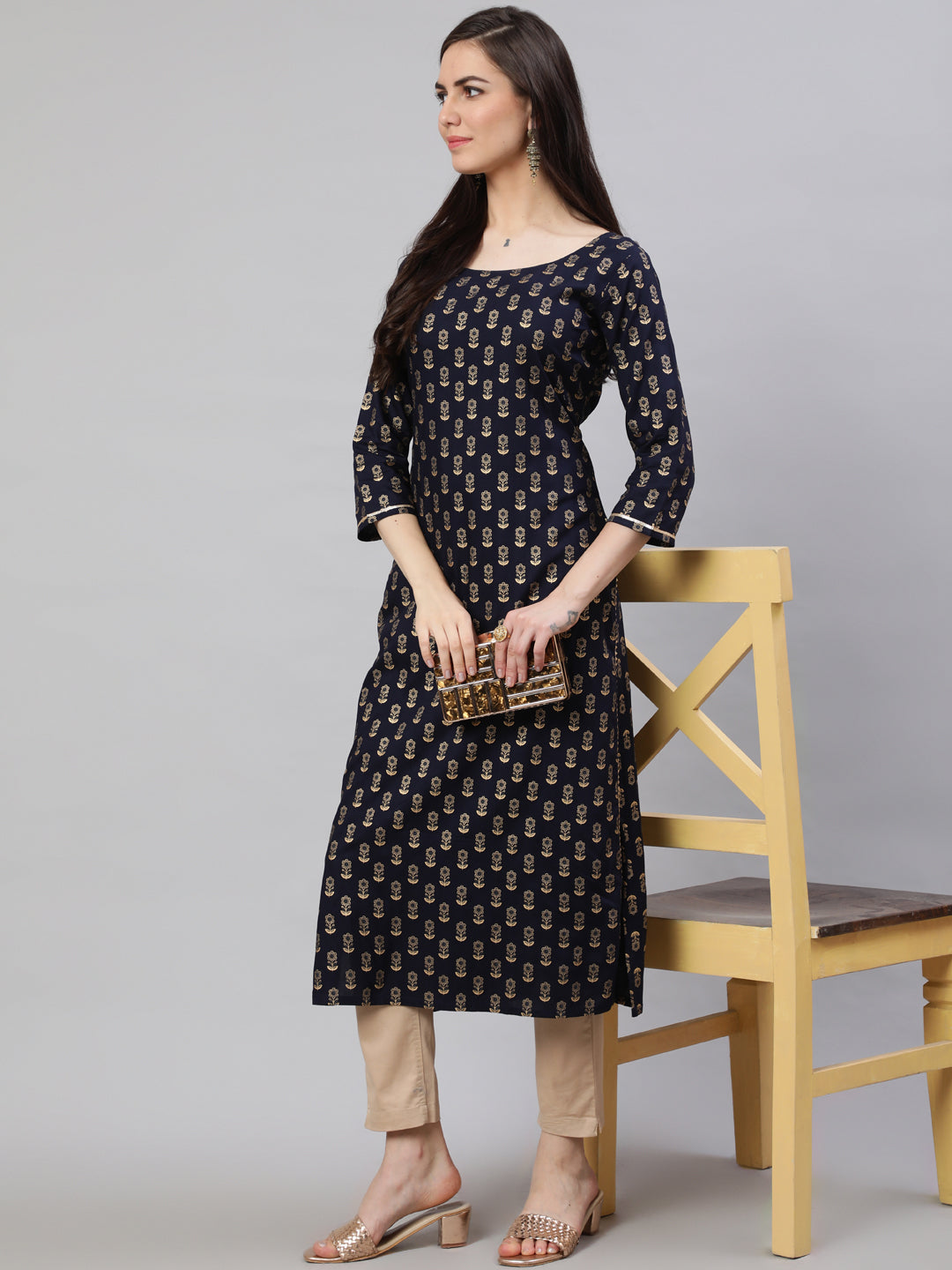 Women Navy Blue Ethnic Printed Straight Kurta With Three Quarter Sleeves | LASVINI - Redefining Indian Fashion with Elegance