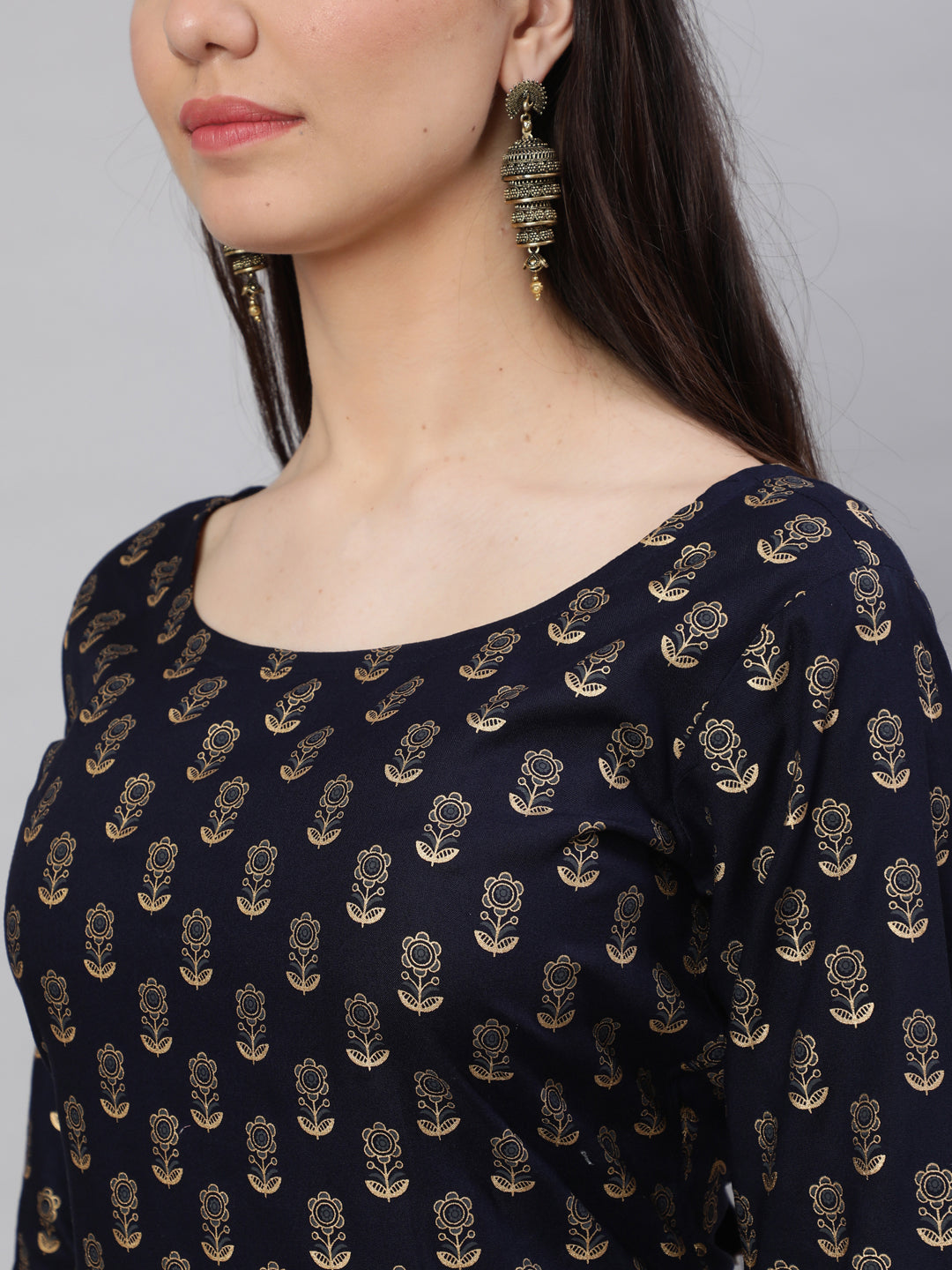 Women Navy Blue Ethnic Printed Straight Kurta With Three Quarter Sleeves | LASVINI - Redefining Indian Fashion with Elegance