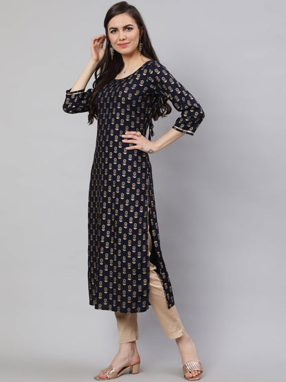 Women Navy Blue Ethnic Printed Straight Kurta With Three Quarter Sleeves | LASVINI - Redefining Indian Fashion with Elegance