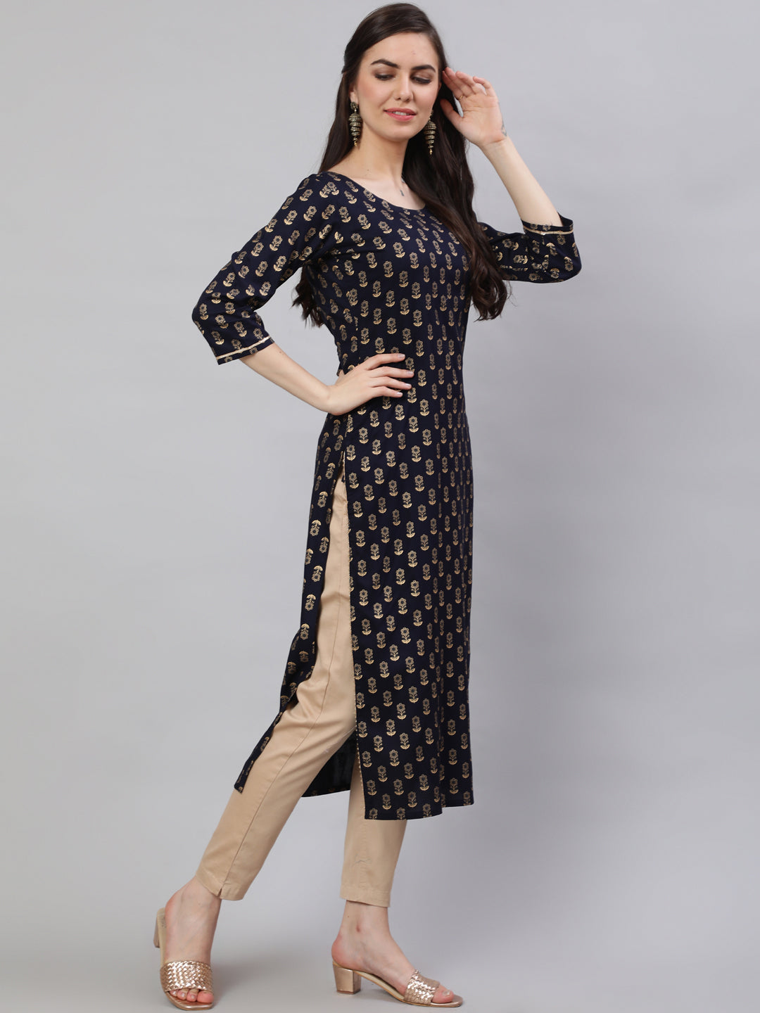 Women Navy Blue Ethnic Printed Straight Kurta With Three Quarter Sleeves | LASVINI - Redefining Indian Fashion with Elegance