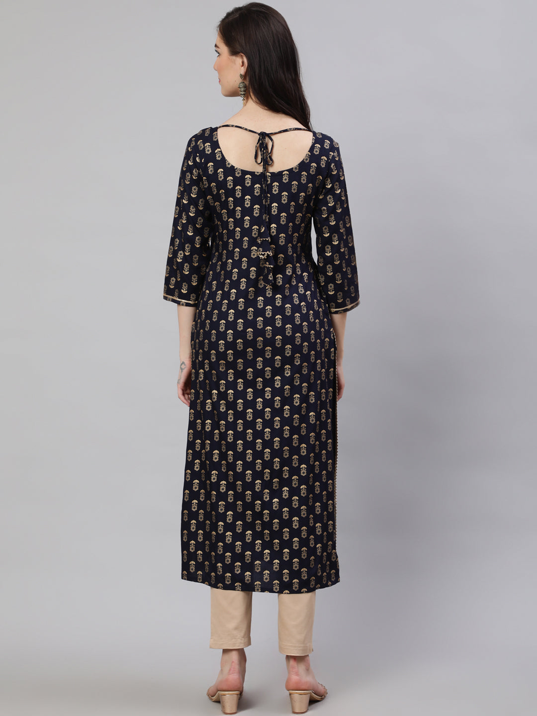 Women Navy Blue Ethnic Printed Straight Kurta With Three Quarter Sleeves | LASVINI - Redefining Indian Fashion with Elegance