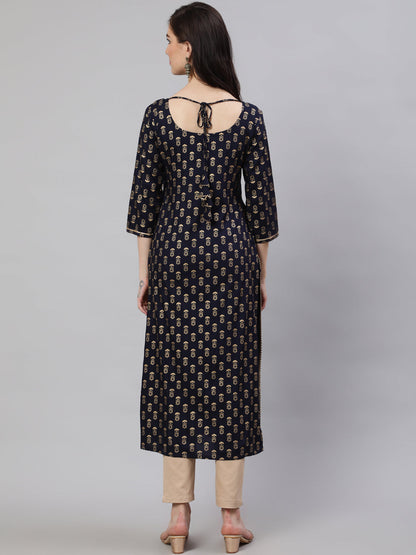 Women Navy Blue Ethnic Printed Straight Kurta With Three Quarter Sleeves | LASVINI - Redefining Indian Fashion with Elegance