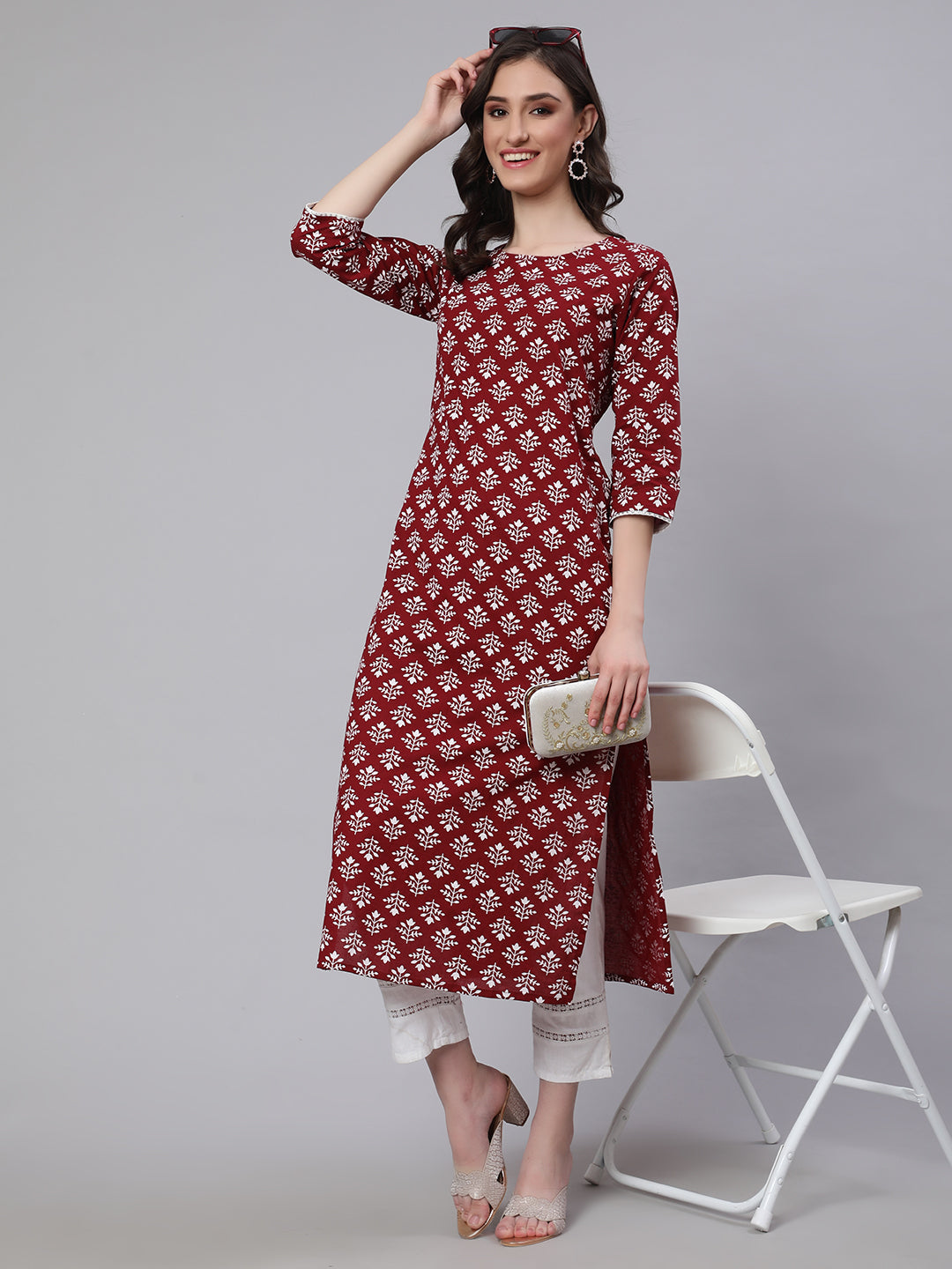 Women Maroon Printed Straight Kurta With Three Quarter Sleeves | LASVINI - Redefining Indian Fashion with Elegance