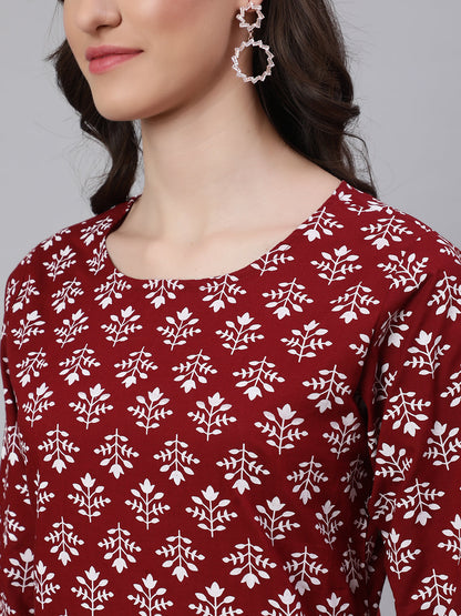 Women Maroon Printed Straight Kurta With Three Quarter Sleeves | LASVINI - Redefining Indian Fashion with Elegance