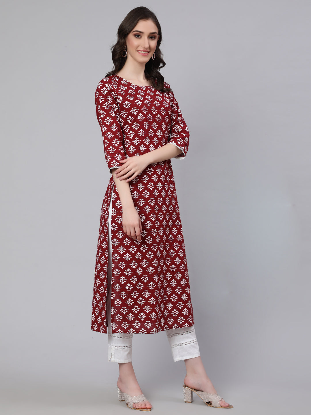 Women Maroon Printed Straight Kurta With Three Quarter Sleeves | LASVINI - Redefining Indian Fashion with Elegance
