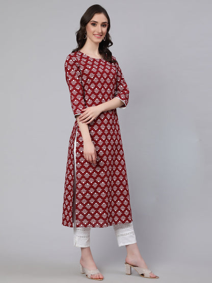 Women Maroon Printed Straight Kurta With Three Quarter Sleeves | LASVINI - Redefining Indian Fashion with Elegance