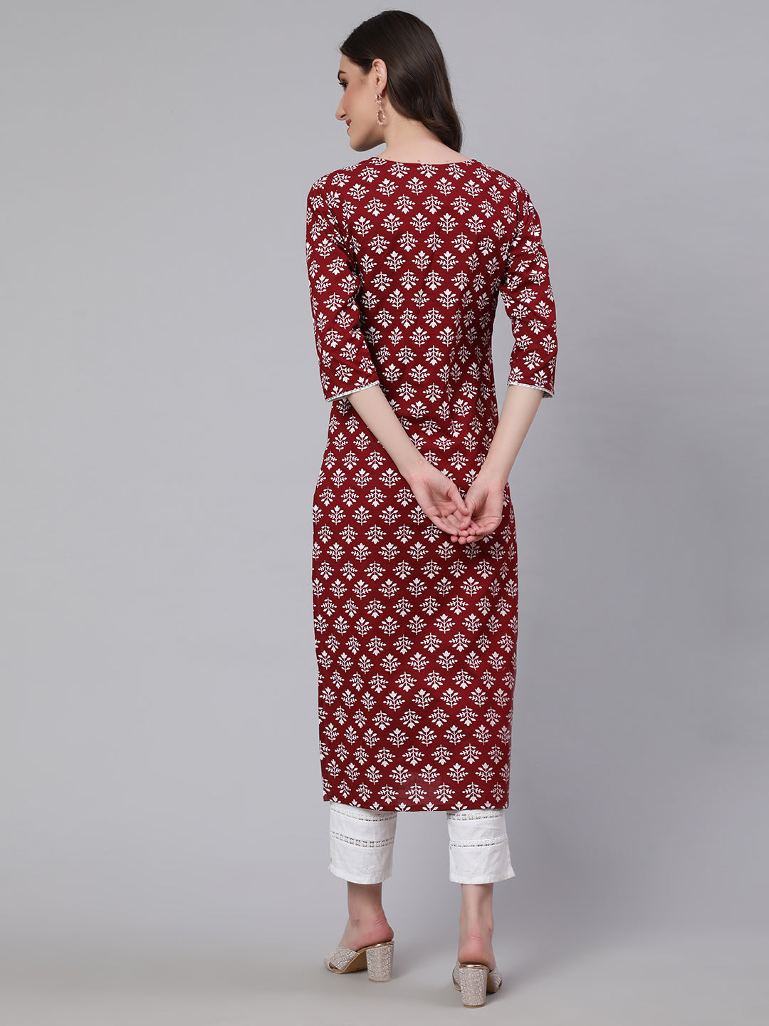 Women Maroon Printed Straight Kurta With Three Quarter Sleeves | LASVINI - Redefining Indian Fashion with Elegance