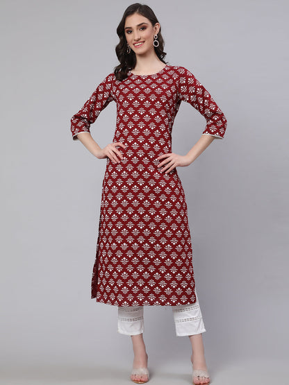 Women Maroon Printed Straight Kurta With Three Quarter Sleeves | LASVINI - Redefining Indian Fashion with Elegance