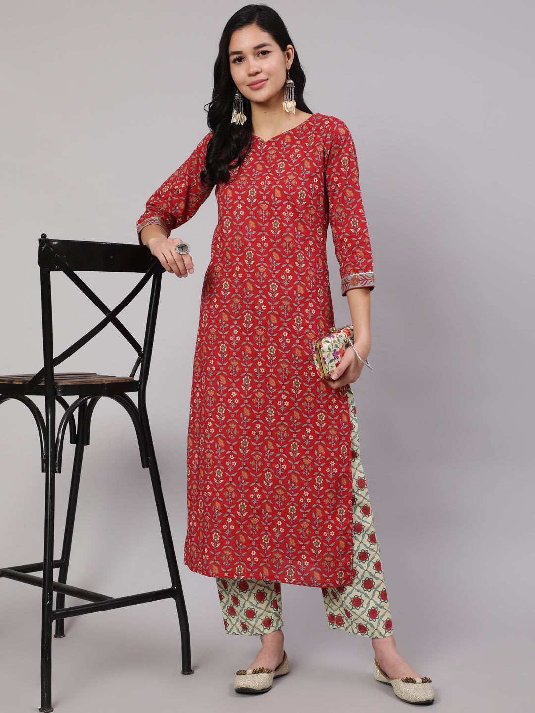 Women Red Printed Straight Kurta With Three Quarter Sleeves | LASVINI - Redefining Indian Fashion with Elegance