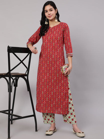 Women Red Printed Straight Kurta With Three Quarter Sleeves | LASVINI - Redefining Indian Fashion with Elegance