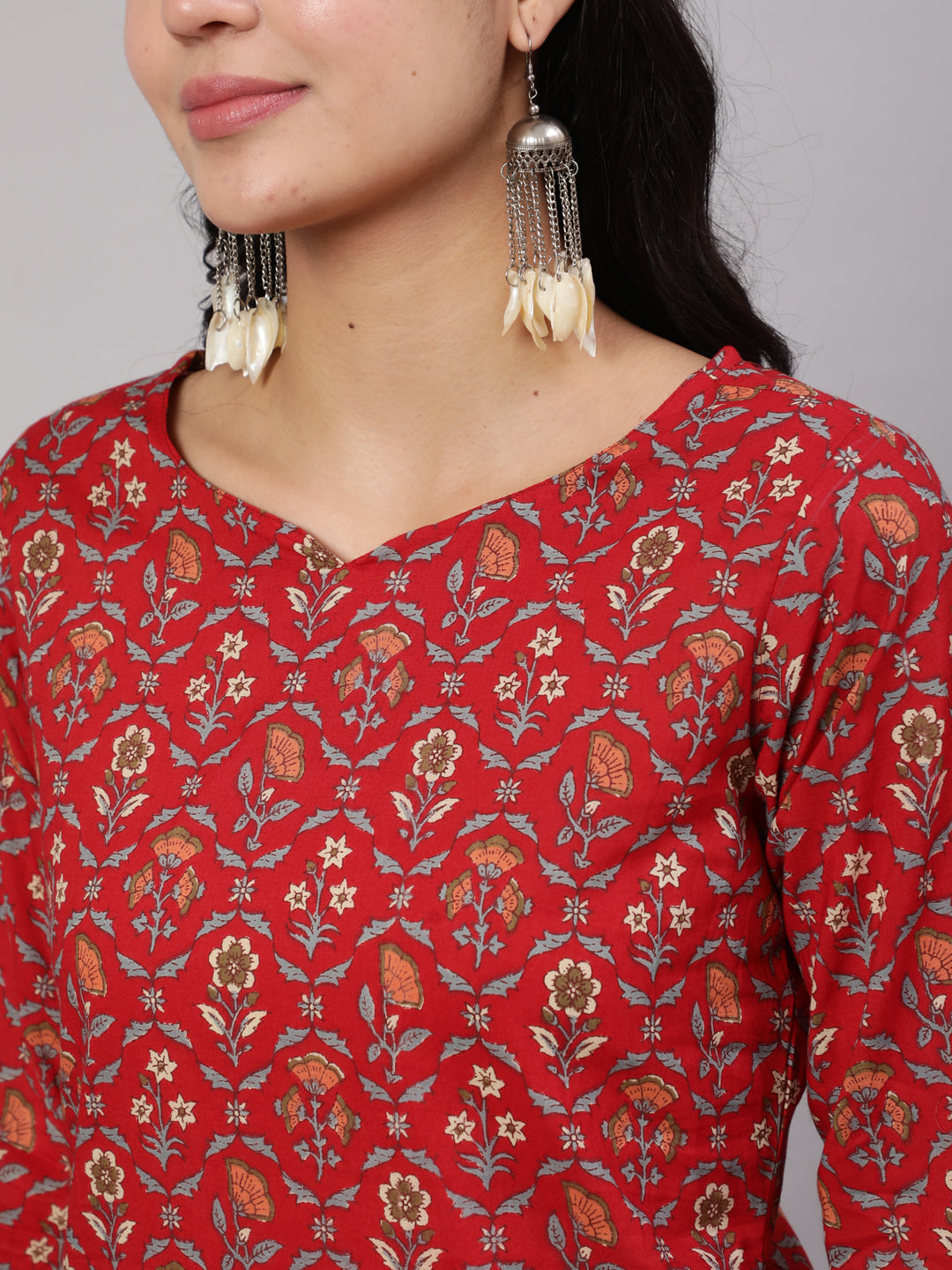 Women Red Printed Straight Kurta With Three Quarter Sleeves | LASVINI - Redefining Indian Fashion with Elegance