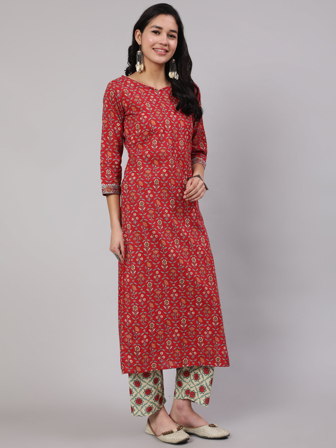 Women Red Printed Straight Kurta With Three Quarter Sleeves | LASVINI - Redefining Indian Fashion with Elegance