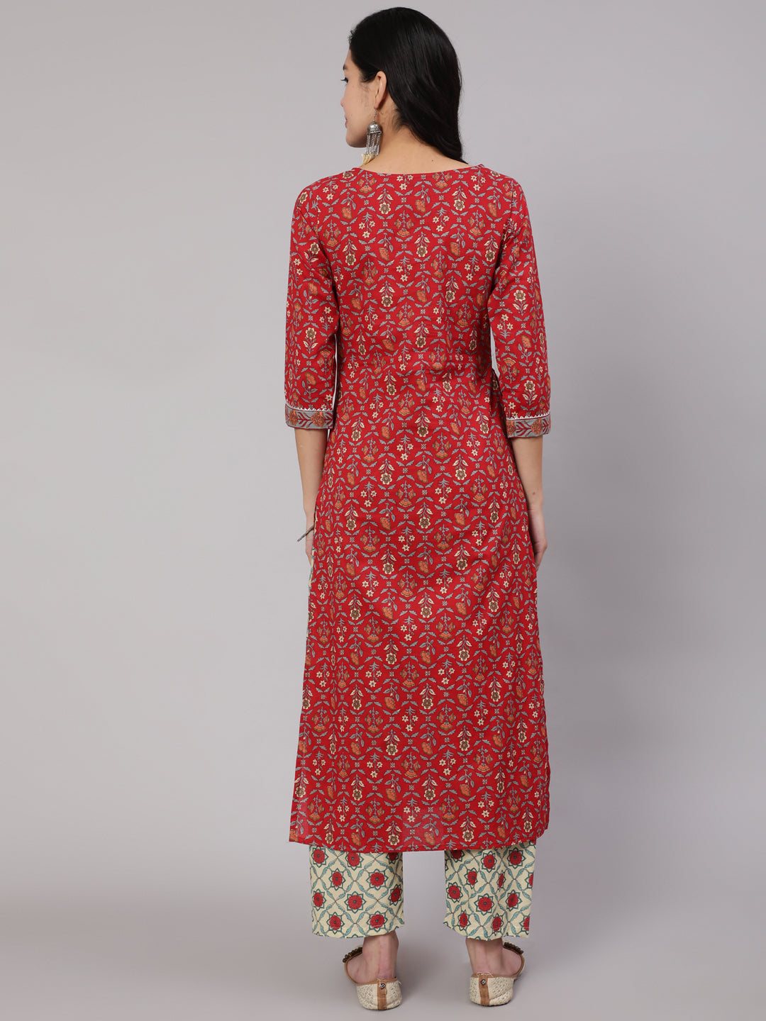 Women Red Printed Straight Kurta With Three Quarter Sleeves | LASVINI - Redefining Indian Fashion with Elegance
