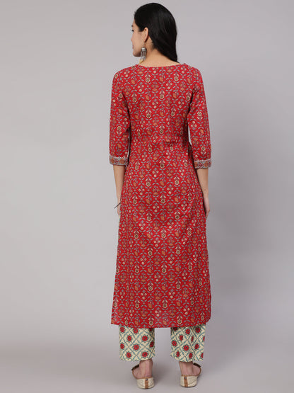 Women Red Printed Straight Kurta With Three Quarter Sleeves | LASVINI - Redefining Indian Fashion with Elegance