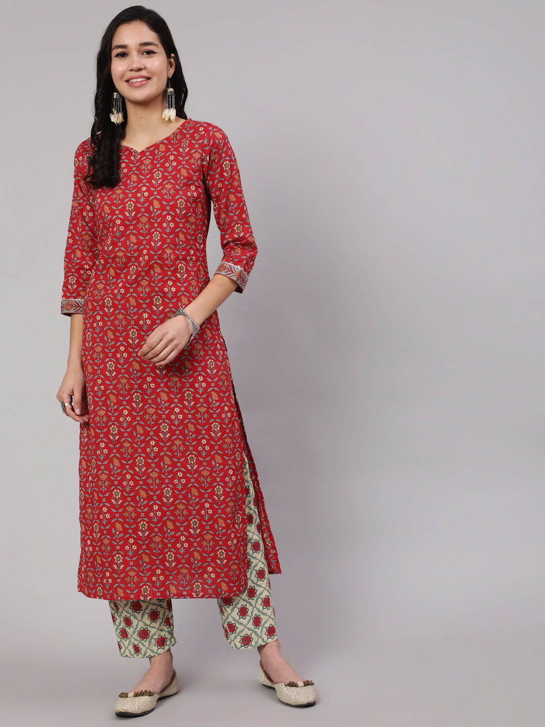Women Red Printed Straight Kurta With Three Quarter Sleeves | LASVINI - Redefining Indian Fashion with Elegance