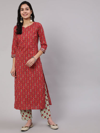 Women Red Printed Straight Kurta With Three Quarter Sleeves | LASVINI - Redefining Indian Fashion with Elegance