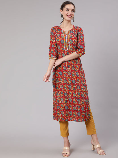 Women Red Printed Straight Kurta With Three Quarter Sleeves | LASVINI - Redefining Indian Fashion with Elegance