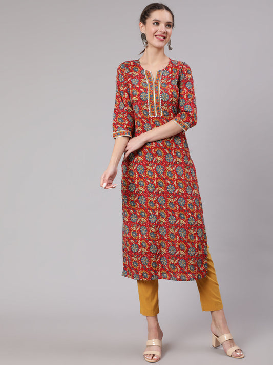Women Red Printed Straight Kurta With Three Quarter Sleeves | LASVINI - Redefining Indian Fashion with Elegance
