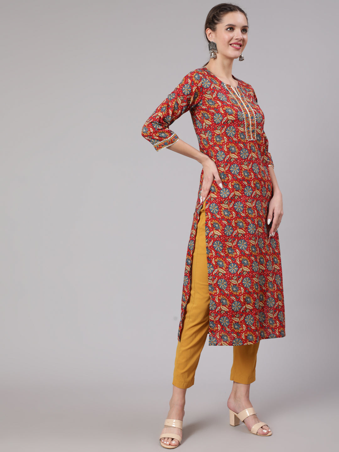 Women Red Printed Straight Kurta With Three Quarter Sleeves | LASVINI - Redefining Indian Fashion with Elegance