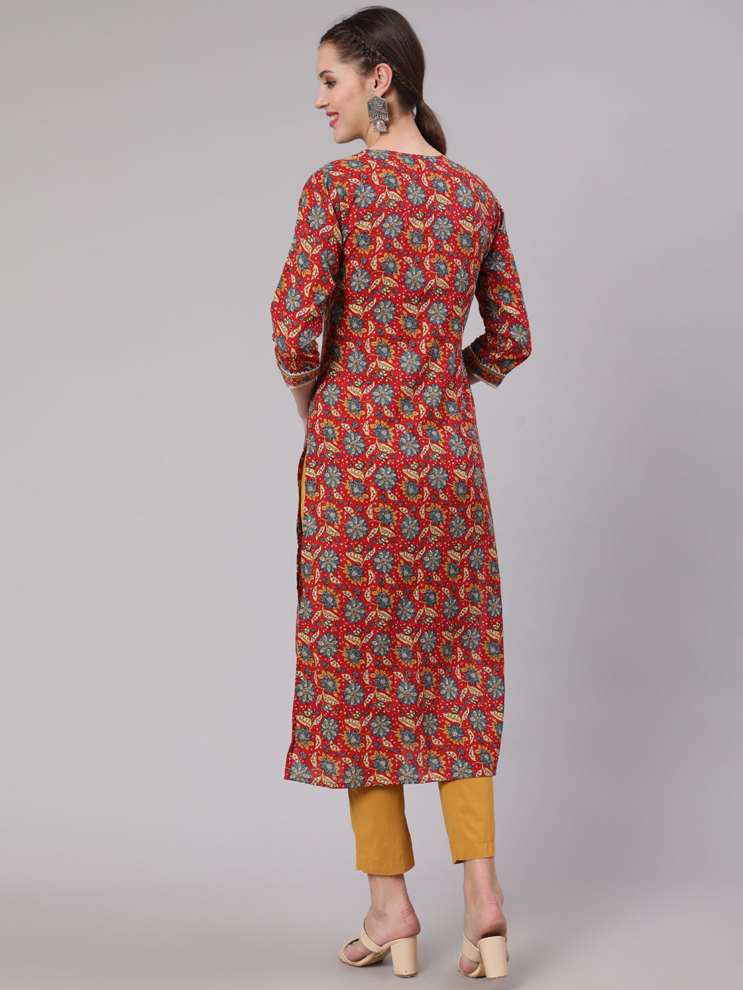 Women Red Printed Straight Kurta With Three Quarter Sleeves | LASVINI - Redefining Indian Fashion with Elegance