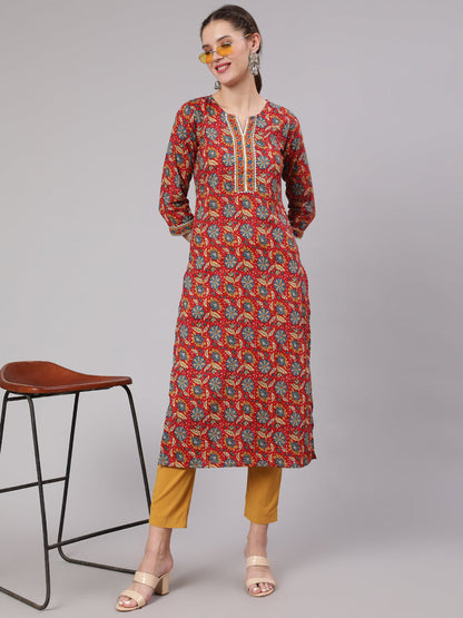 Women Red Printed Straight Kurta With Three Quarter Sleeves | LASVINI - Redefining Indian Fashion with Elegance