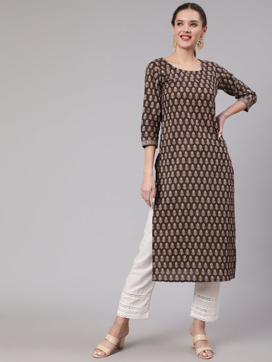 Women Brown Ethnic Printed Straight Kurta With Three Quarter Sleeves | LASVINI - Redefining Indian Fashion with Elegance