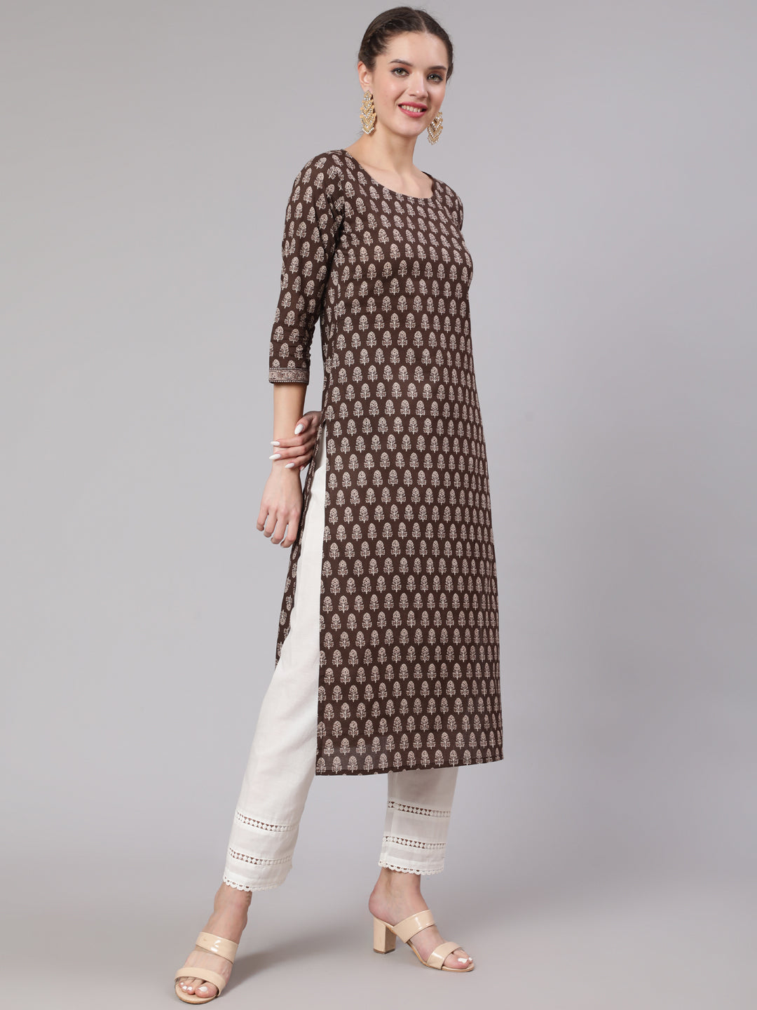 Women Brown Ethnic Printed Straight Kurta With Three Quarter Sleeves | LASVINI - Redefining Indian Fashion with Elegance