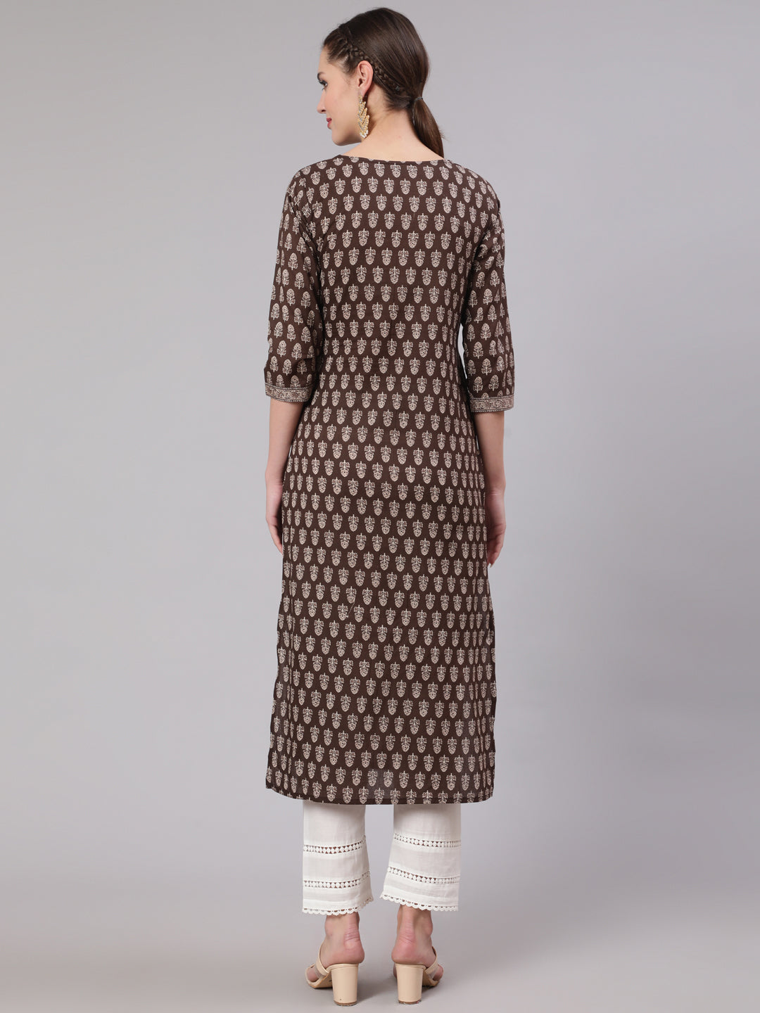 Women Brown Ethnic Printed Straight Kurta With Three Quarter Sleeves | LASVINI - Redefining Indian Fashion with Elegance