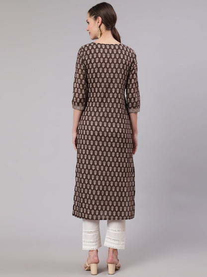 Women Brown Ethnic Printed Straight Kurta With Three Quarter Sleeves | LASVINI - Redefining Indian Fashion with Elegance