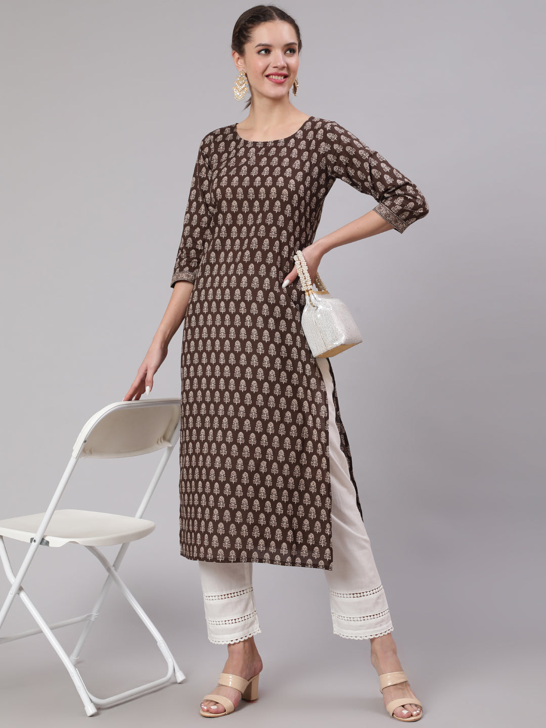 Women Brown Ethnic Printed Straight Kurta With Three Quarter Sleeves | LASVINI - Redefining Indian Fashion with Elegance