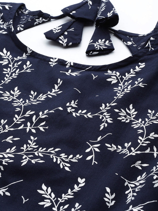 Women Teal Blue Printed Flared Dress With Three Quarter Sleeves | LASVINI - Redefining Indian Fashion with Elegance