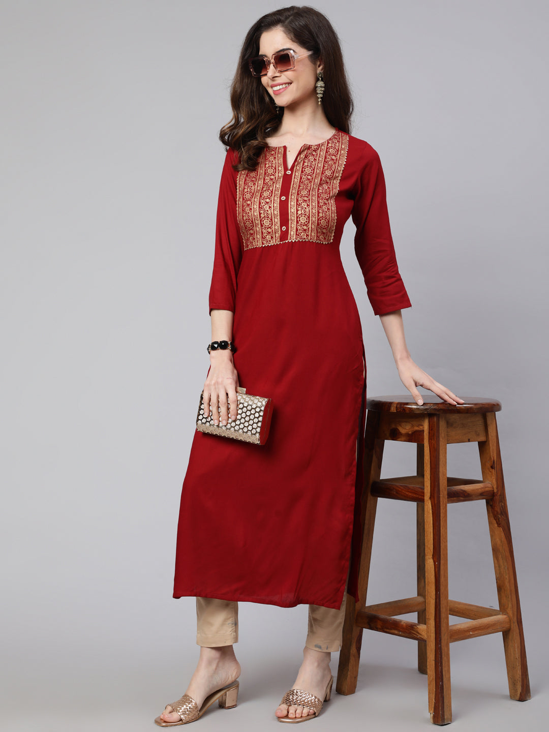 Women Maroon Printed Straight Kurta With Three Quarter Sleeves | LASVINI - Redefining Indian Fashion with Elegance