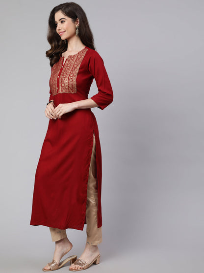 Women Maroon Printed Straight Kurta With Three Quarter Sleeves | LASVINI - Redefining Indian Fashion with Elegance