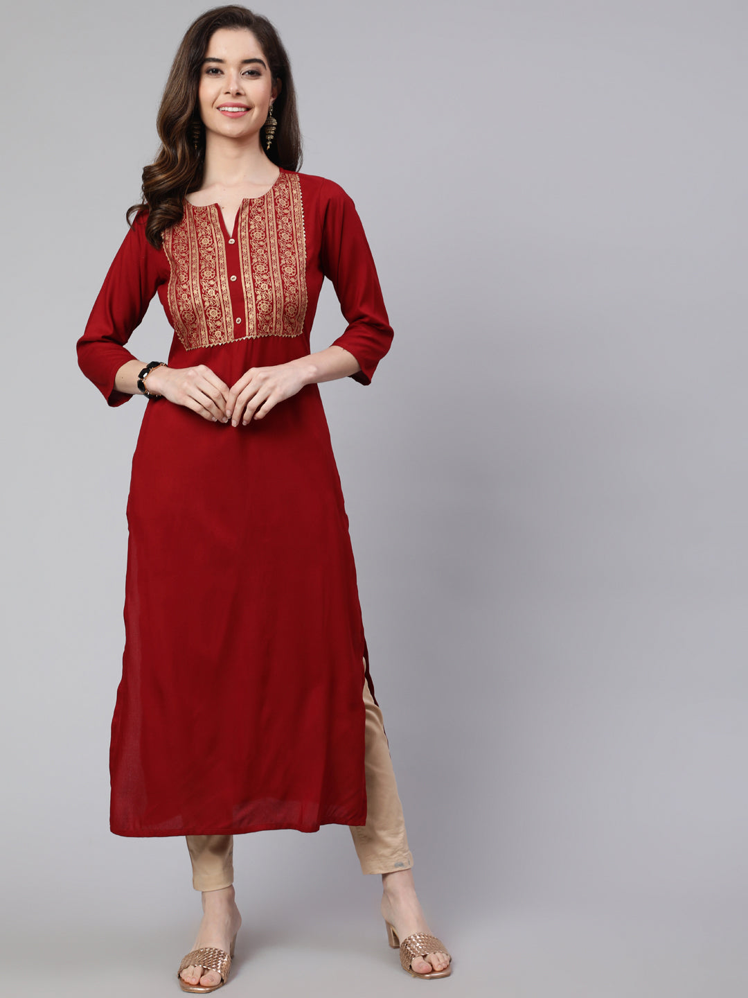 Women Maroon Printed Straight Kurta With Three Quarter Sleeves | LASVINI - Redefining Indian Fashion with Elegance
