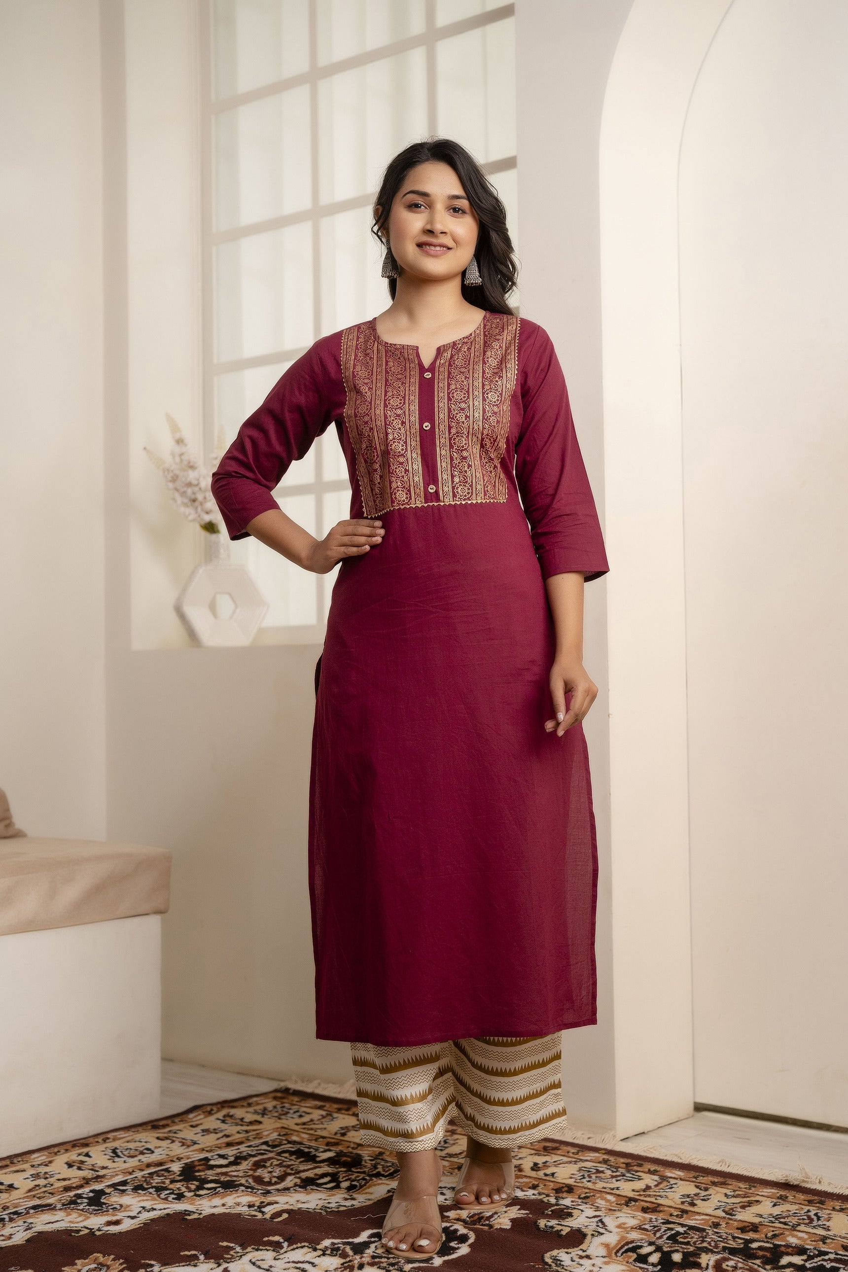 Women Burgundy Straight Kurta With Three Quarter Sleeves | LASVINI - Redefining Indian Fashion with Elegance