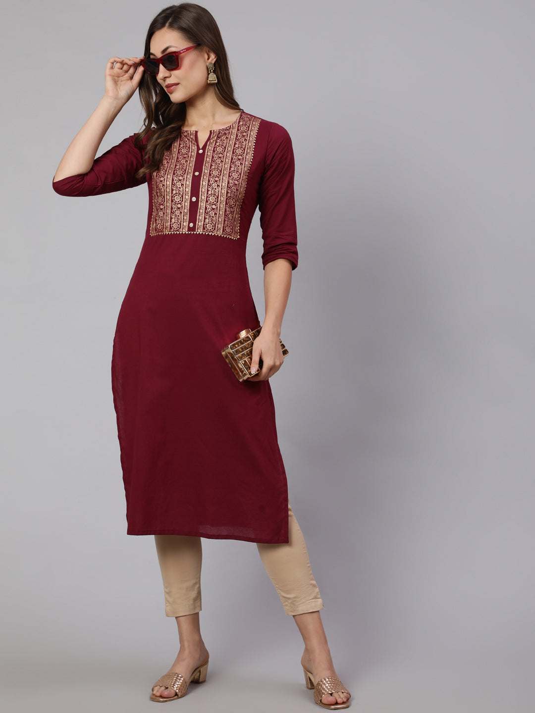 Women Burgundy Straight Kurta With Three Quarter Sleeves | LASVINI - Redefining Indian Fashion with Elegance