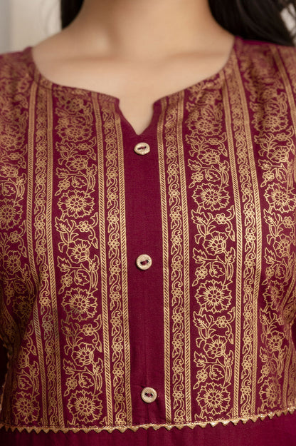 Women Burgundy Straight Kurta With Three Quarter Sleeves | LASVINI - Redefining Indian Fashion with Elegance