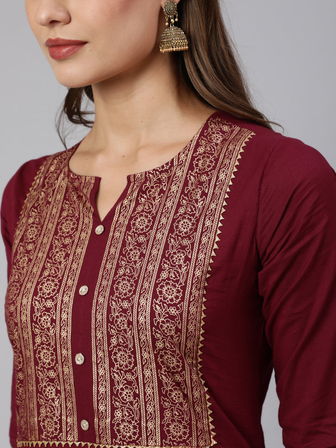 Women Burgundy Straight Kurta With Three Quarter Sleeves | LASVINI - Redefining Indian Fashion with Elegance