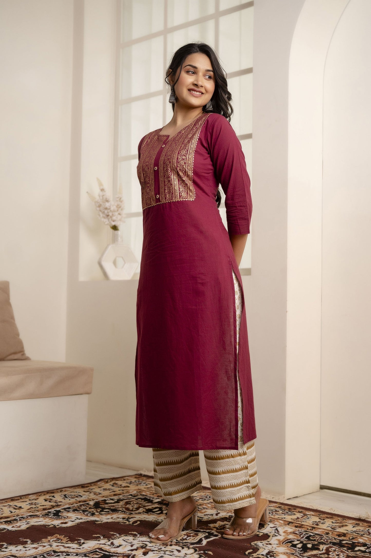 Women Burgundy Straight Kurta With Three Quarter Sleeves | LASVINI - Redefining Indian Fashion with Elegance