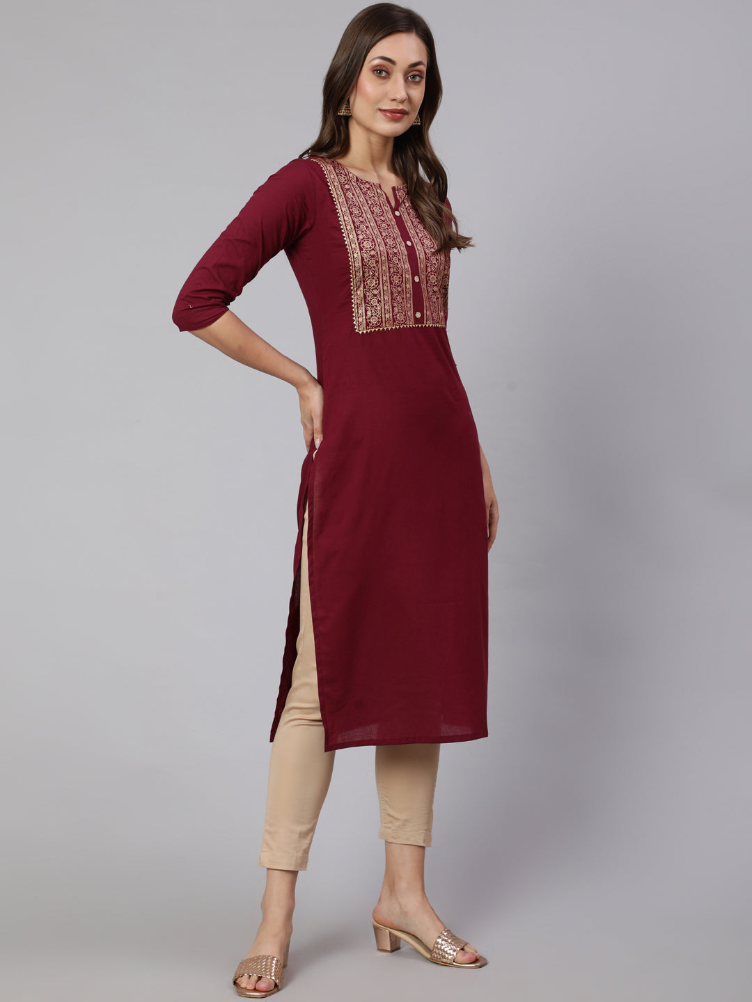 Women Burgundy Straight Kurta With Three Quarter Sleeves | LASVINI - Redefining Indian Fashion with Elegance