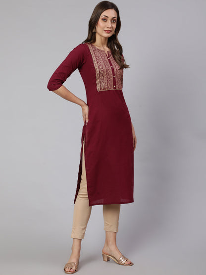 Women Burgundy Straight Kurta With Three Quarter Sleeves | LASVINI - Redefining Indian Fashion with Elegance