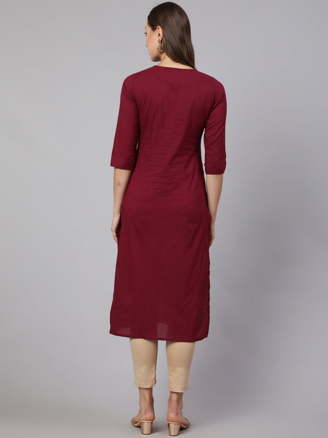 Women Burgundy Straight Kurta With Three Quarter Sleeves | LASVINI - Redefining Indian Fashion with Elegance