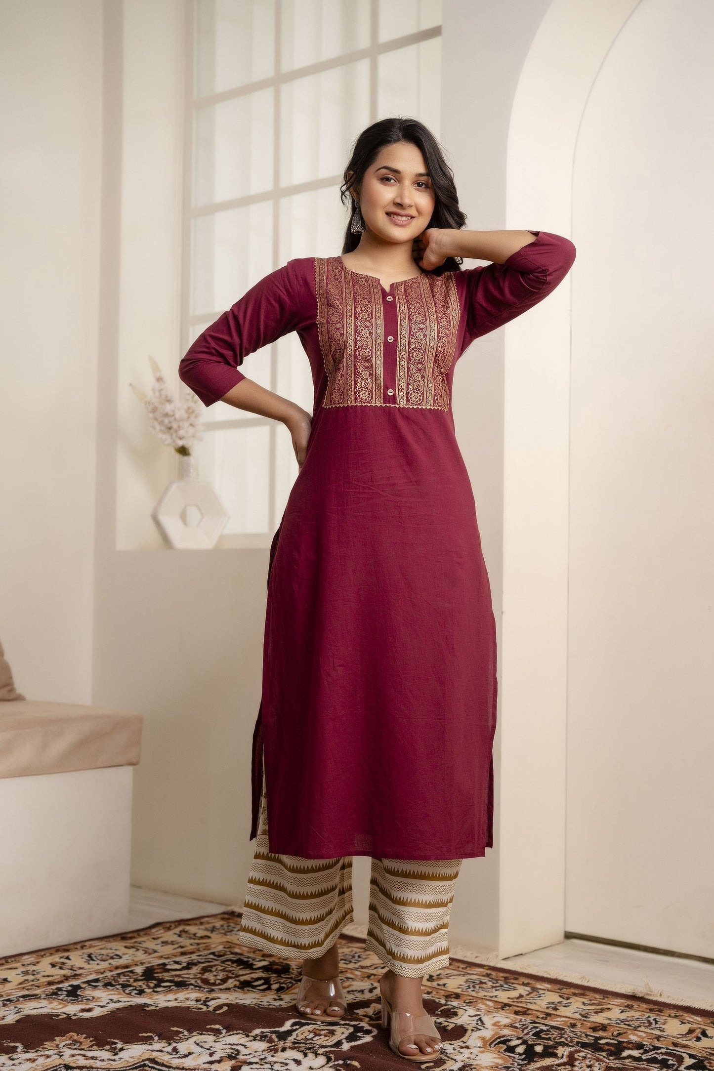 Women Burgundy Straight Kurta With Three Quarter Sleeves | LASVINI - Redefining Indian Fashion with Elegance