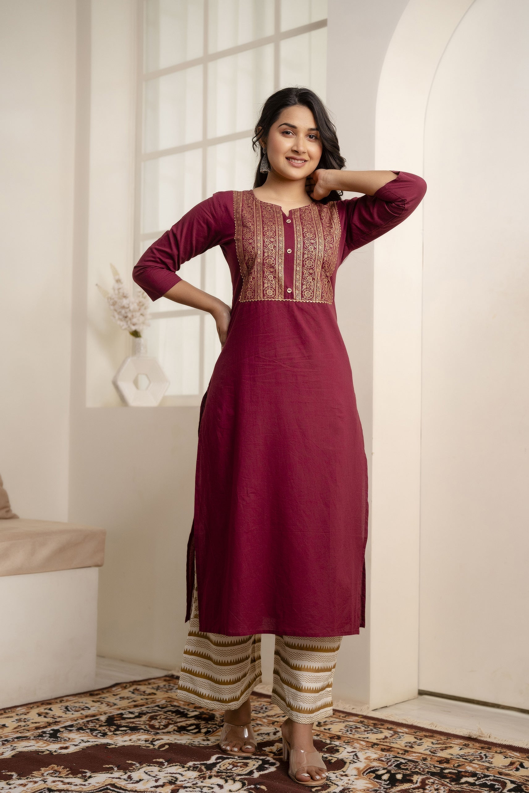 Women Burgundy Straight Kurta With Three Quarter Sleeves | LASVINI - Redefining Indian Fashion with Elegance