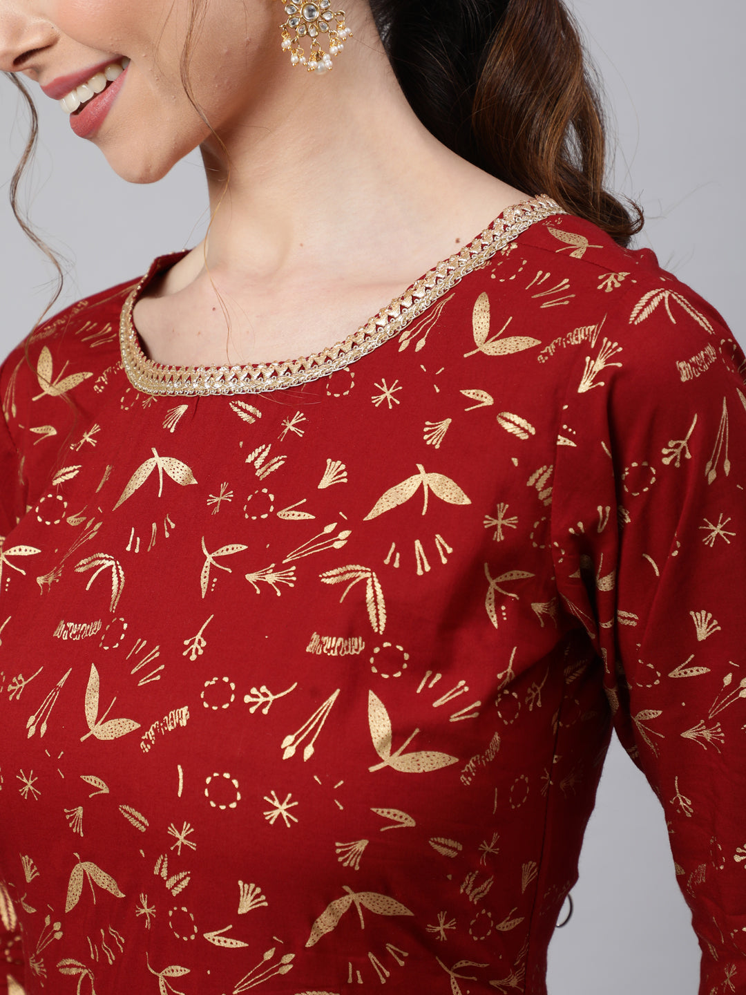 Women Maroon Printed Flared Dress With Three Quarter Sleeves | LASVINI - Redefining Indian Fashion with Elegance