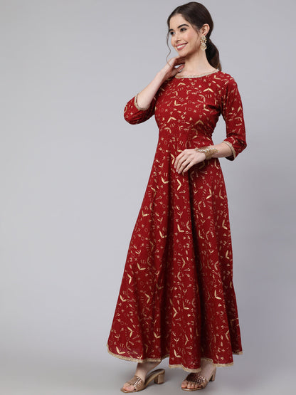 Women Maroon Printed Flared Dress With Three Quarter Sleeves | LASVINI - Redefining Indian Fashion with Elegance