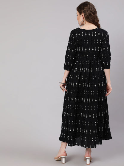 Women Black Ikat Printed Flared Dress With Three Quarter Sleeves | LASVINI - Redefining Indian Fashion with Elegance