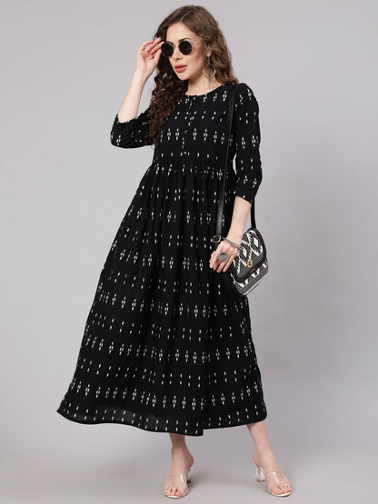 Women Black Ikat Printed Flared Dress With Three Quarter Sleeves | LASVINI - Redefining Indian Fashion with Elegance
