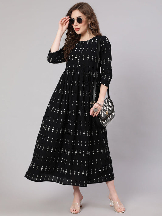 Women Black Ikat Printed Flared Dress With Three Quarter Sleeves | LASVINI - Redefining Indian Fashion with Elegance