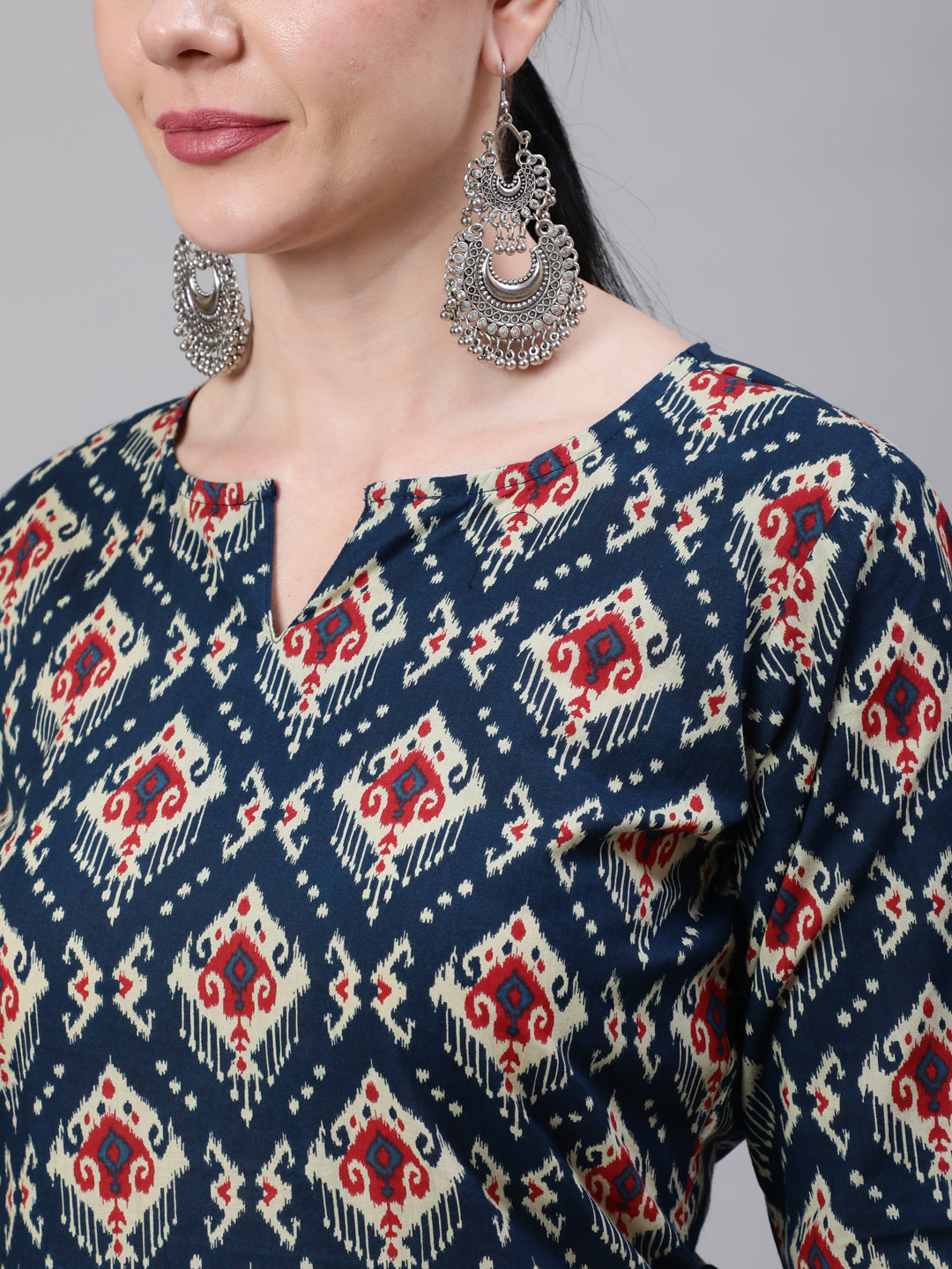 Women Blue Ethnic Printed Straight Kurta With Three Quarter Sleeves | LASVINI - Redefining Indian Fashion with Elegance